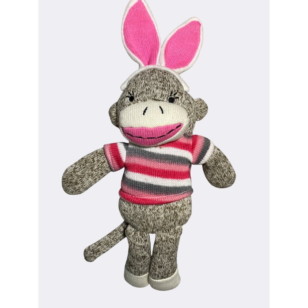 Sock Monkey Plush Toy With Pink Bunny Ears And Striped Sweater 12 Inches Tall